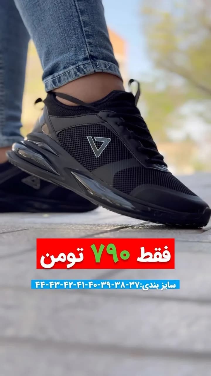 کتانی اسپرت مشکی، جنس مش و مصنوعی، بنددار، پاشنه تخت