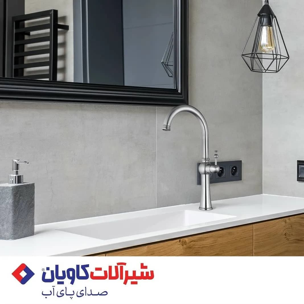 شیر روشویی پایه بلند دلسا استیل کاویان، رنگ نقرهای، جنس فلز، اهرمی کلاسیک