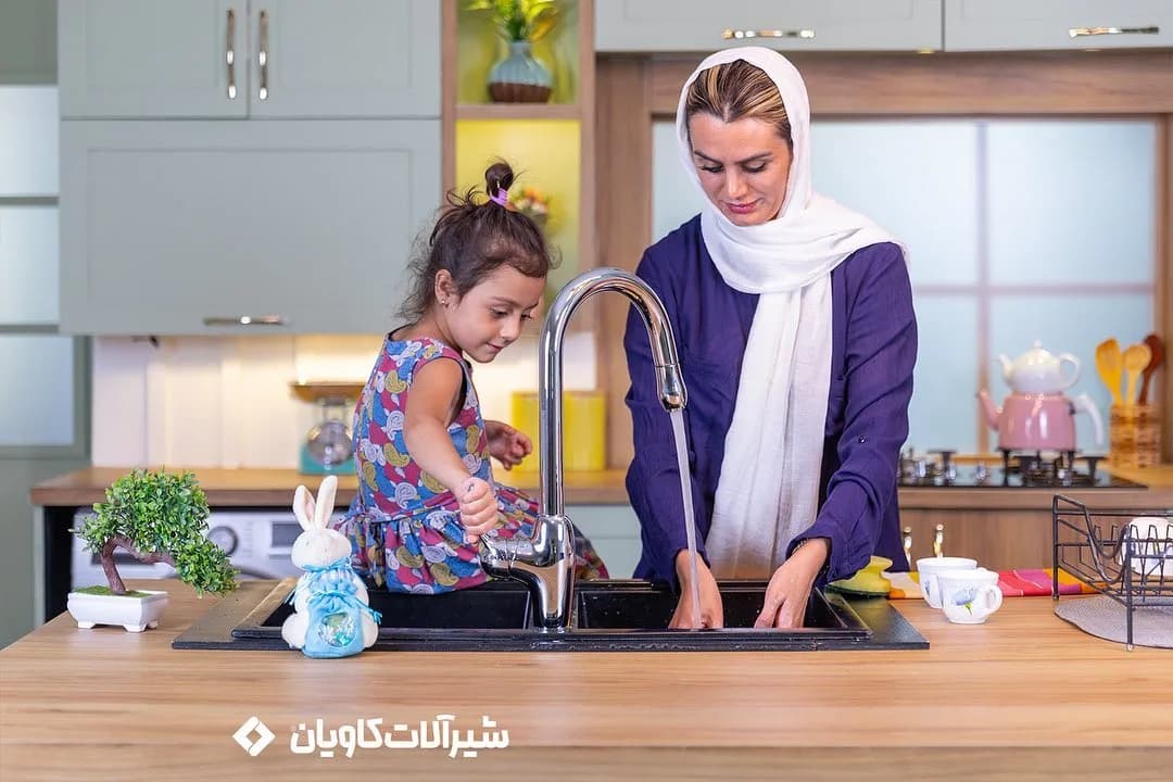شیر ظرفشویی وندا کاویان، رنگ استیل، جنس فلز، شلنگدار ایستاده