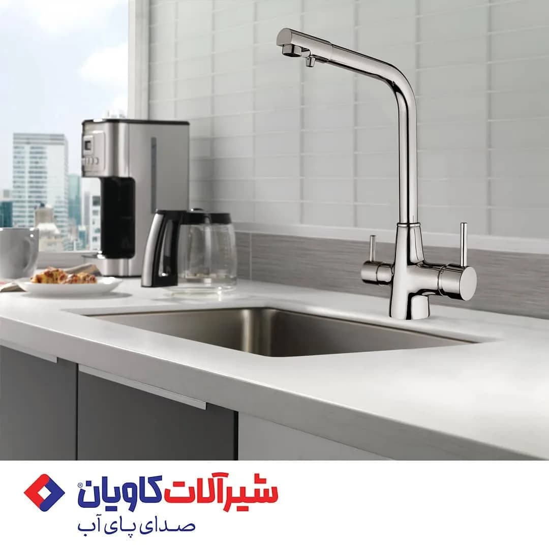 شیر ظرفشویی دوکاره هیوا کاویان، رنگ استیل، جنس استیل، دو اهرمی، شلنگدار
