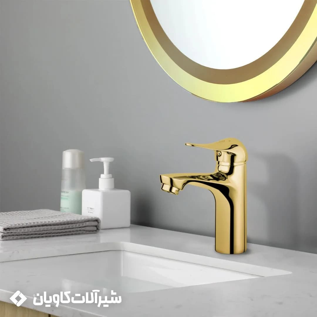 ست شیرآلات شانا کاویان، رنگ طلایی، جنس فلز و سرامیک، اهرم تک‌دسته کوتاه