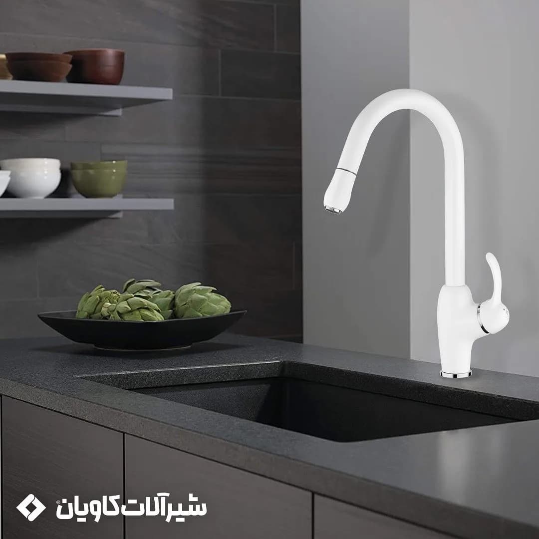 شیر ظرفشویی شاوری وندا کاویان، رنگ سفید و کروم، جنس فلز، فنری، تک‌دسته