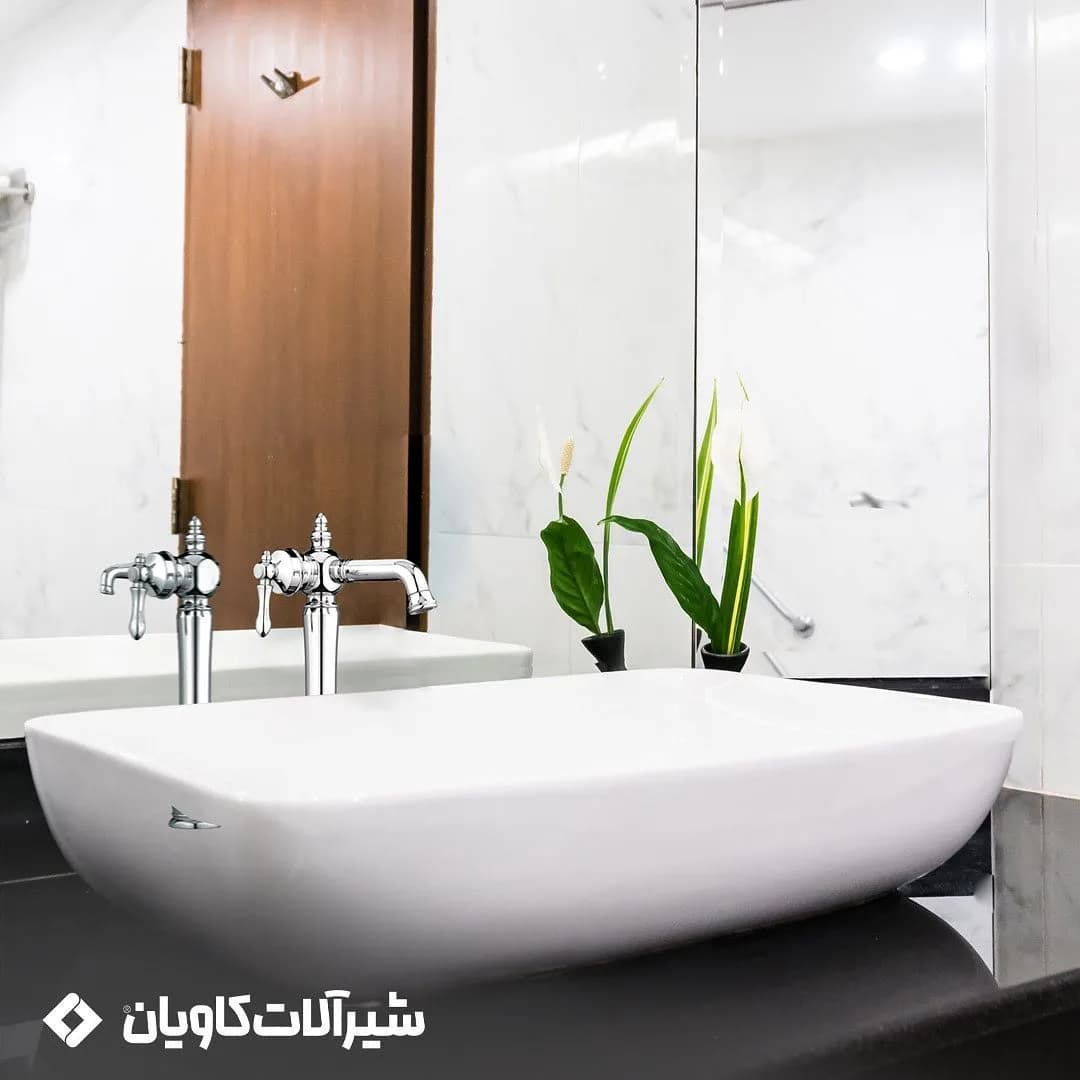 شیر روشویی آرنیکا کروم کاویان، رنگ سفید، جنس سرامیک و فلز، دو اهرمی پایه بلند