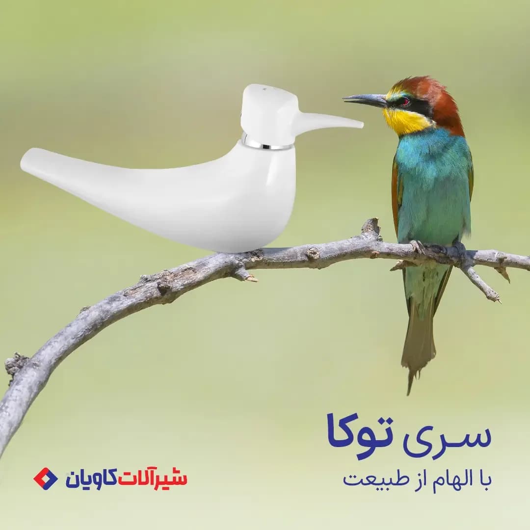 شیر روشویی سری توکا کاویان، رنگ سفید و رنگارنگ، جنس فلز و پلاستیک، شیر روشویی فانتزی پرنده
