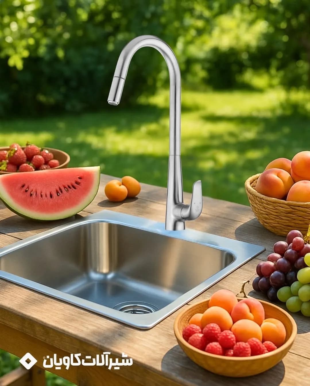 شیر ظرفشویی ماتیسا کاویان، رنگ نقره‌ای، جنس استیل، گردن بلند، تک دسته