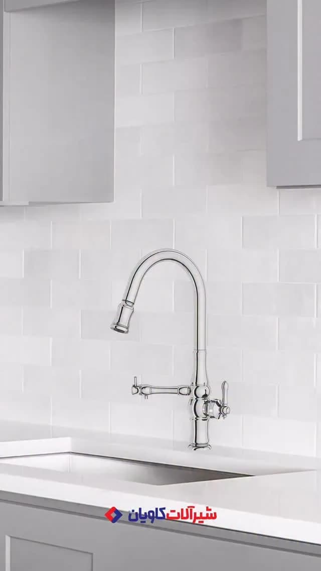 شیر ظرفشویی شاوری تصفیه‌دار آرنیکا کاویان، رنگ نقره‌ای، جنس فلز، گرد، گردنی بلند