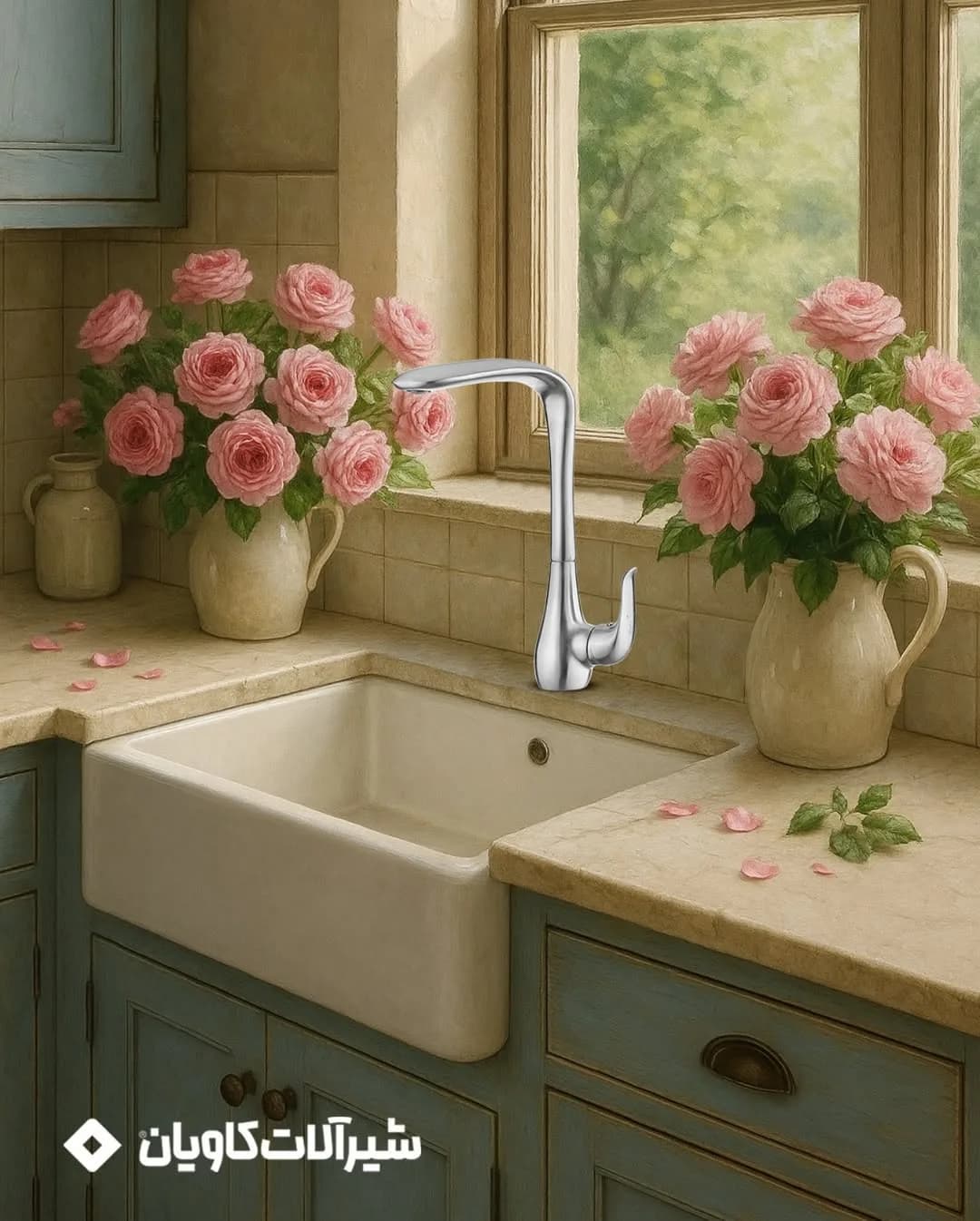 شیر ظرفشویی کارن کاویان، رنگ نقره‌ای، جنس فلز، گرد، بلند، تک دسته