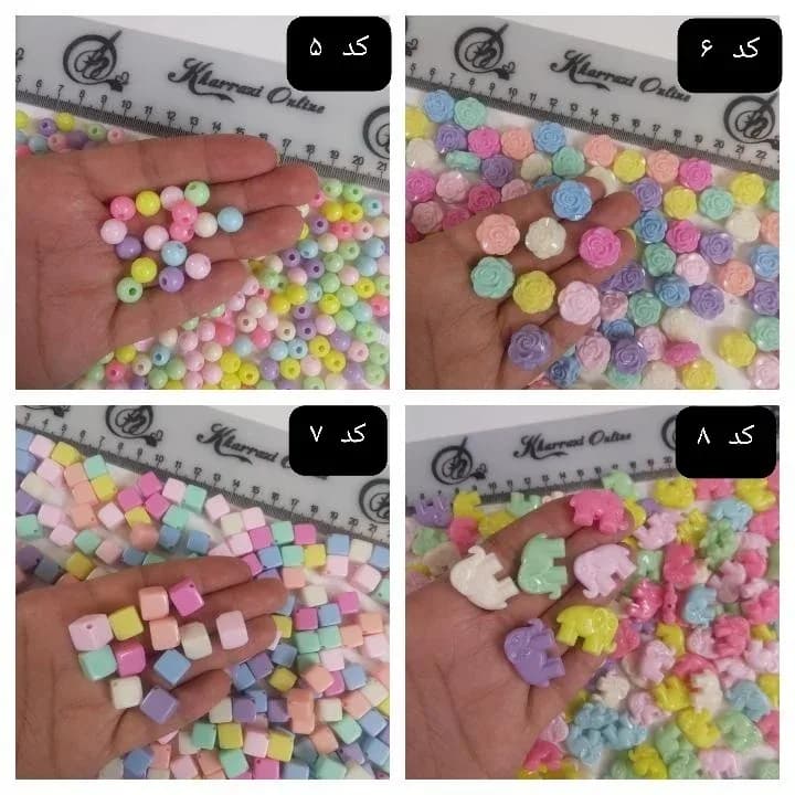 مهره گرد و مربع و گل و فیل، رنگ صورتی، آبی، زرد، سبز و بنفش، جنس پلاستیک، طرح شخصیت کارتونی، اشکال مختلف