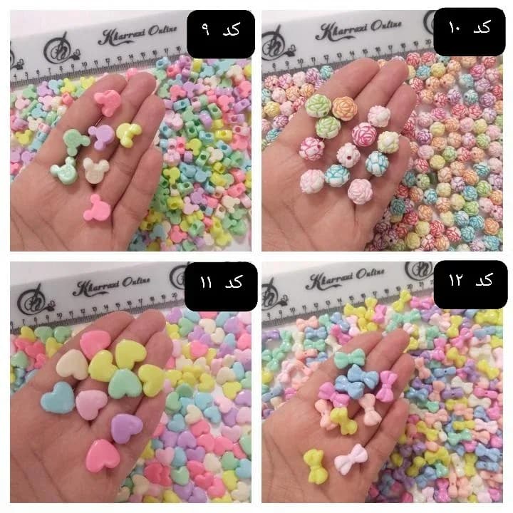 مهره میکی موس و گل و قلب، رنگ صورتی، آبی، زرد، سبز و بنفش، جنس پلاستیک، طرح شخصیت کارتونی، اشکال مختلف