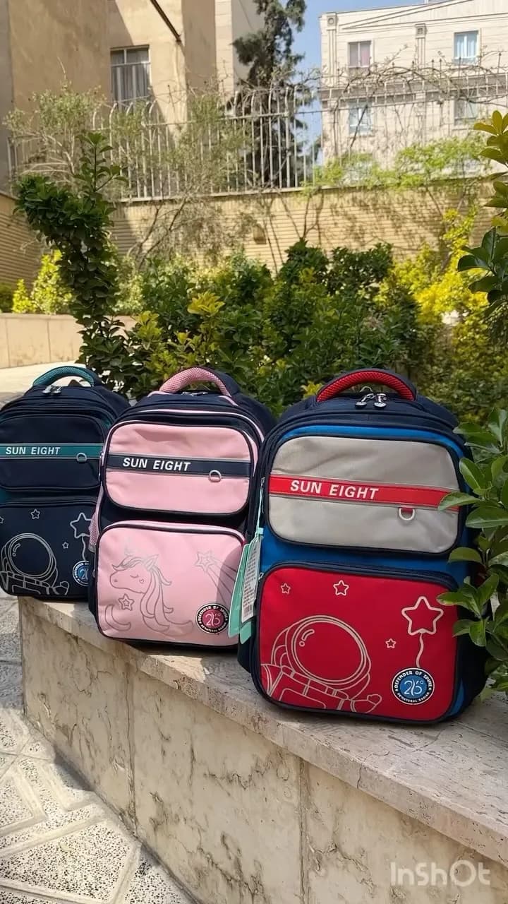 کولهپشتی پشت طبی چهار زیپ، رنگ سرمهای، صورتی و قرمز، طرح شخصیت کارتونی، چند جیبه