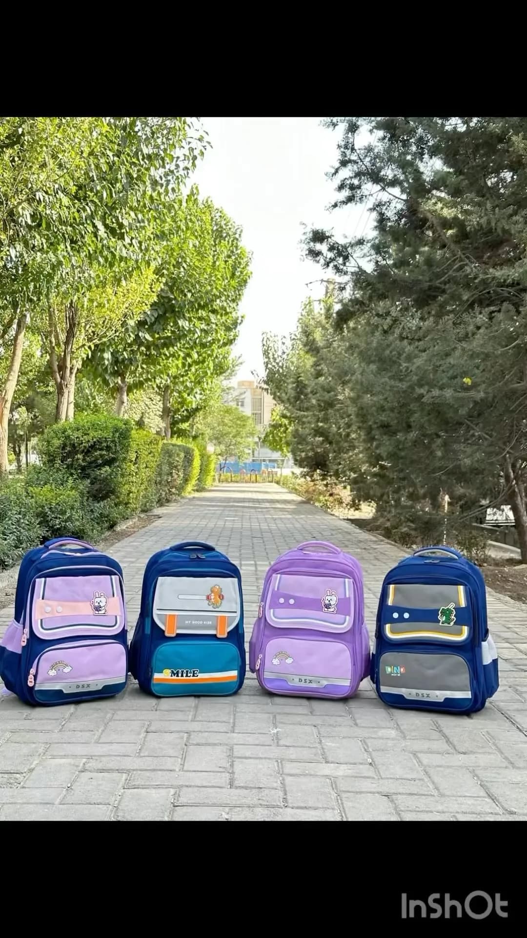 کوله مدرسه برزنتی چهار قسمته، رنگ آبی، بنفش و نارنجی، جنس پارچه، کولهپشتی مدرسهای فانتزی