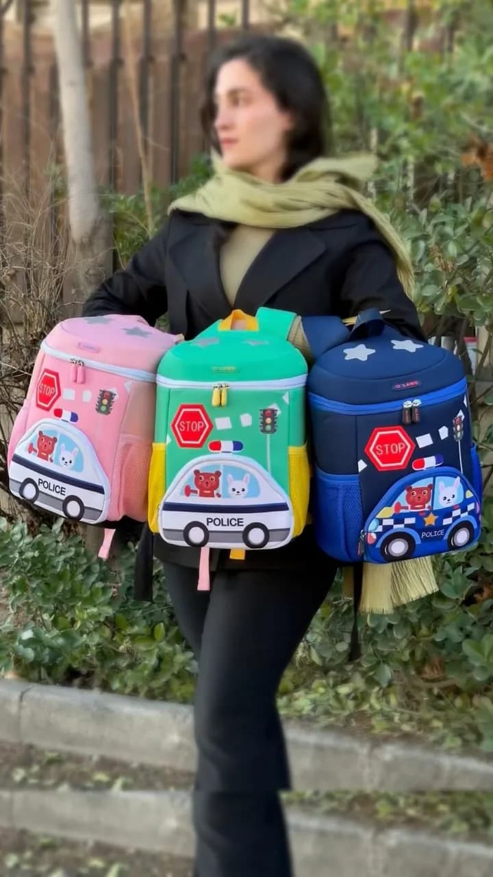 کولهپشتی مدرسهای پلیس، رنگ صورتی، سبز و سرمهای، جنس پارچه، کولهپشتی فانتزی پلیس
