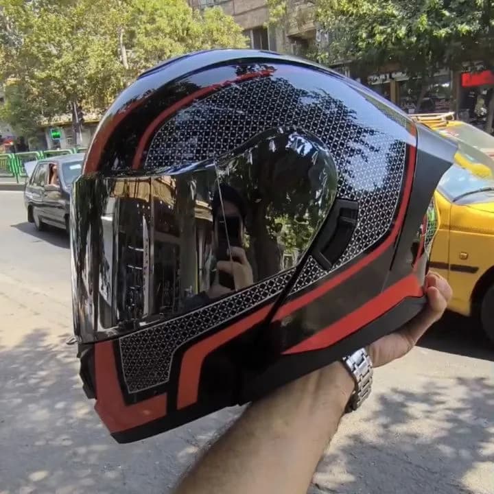 کلاه کاسکت فک متحرک LVS، رنگ مشکی و قرمز، جنس پلاستیک، طرح هندسی، کلاه ایمنی فکدار