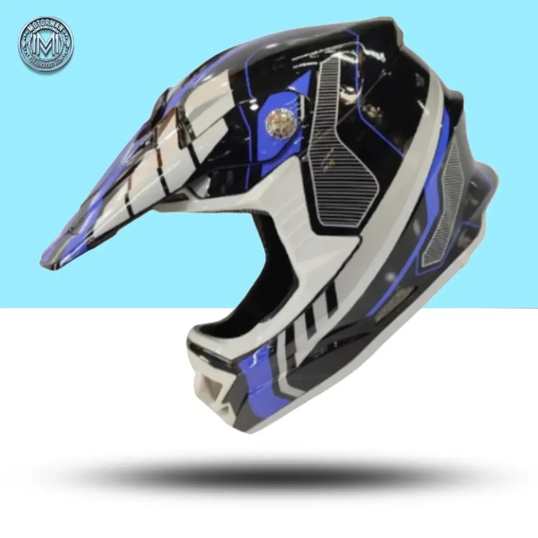 کلاه کاسکت موتورسیکلت، رنگ آبی، مشکی و سفید، جنس پلاستیک، طرح هندسی، کراس، دارای لبه