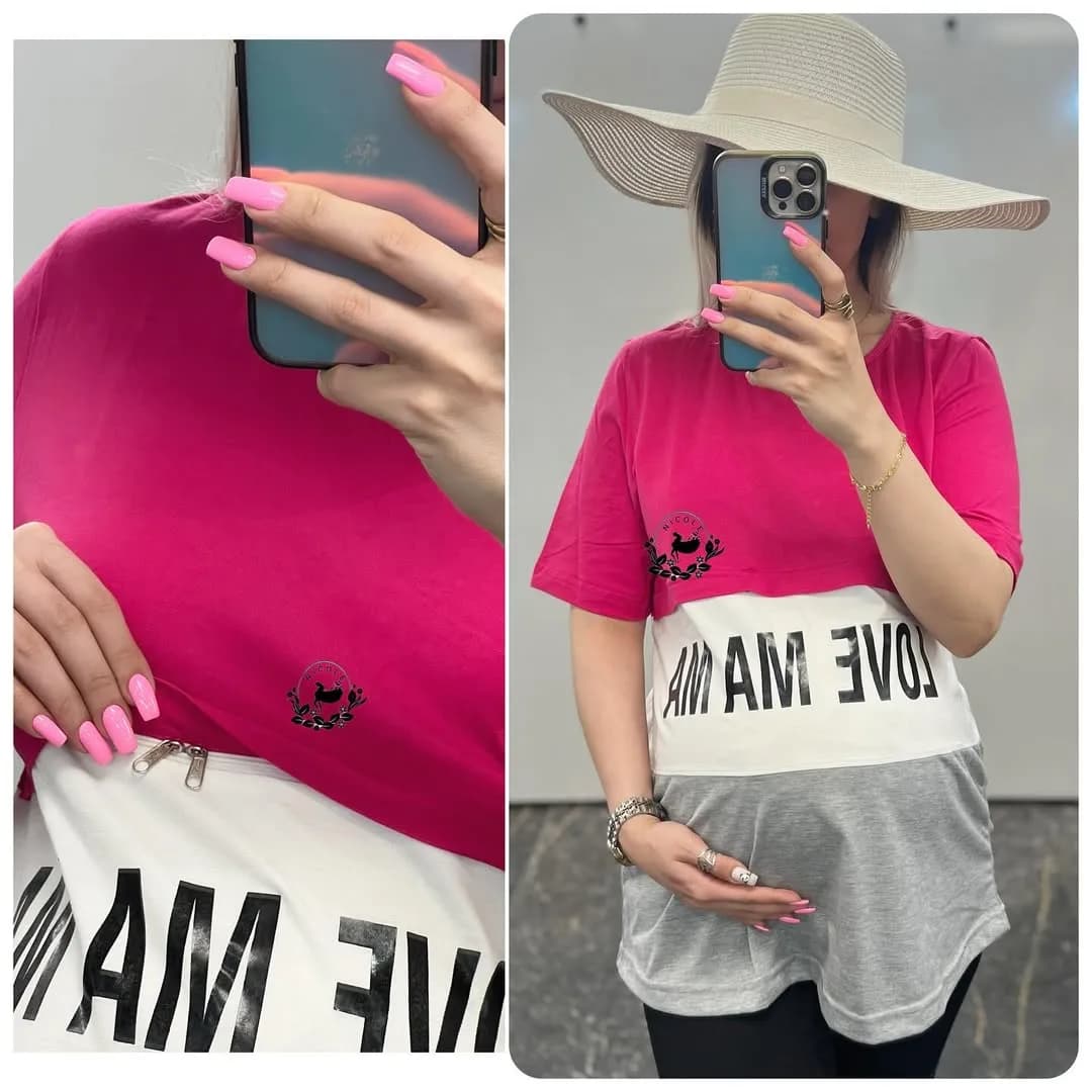 تونیک بارداری شیردهی طرح Lovemama، رنگ صورتی، سفید و خاکستری، کوتاه، آستینکوتاه، گشاد
