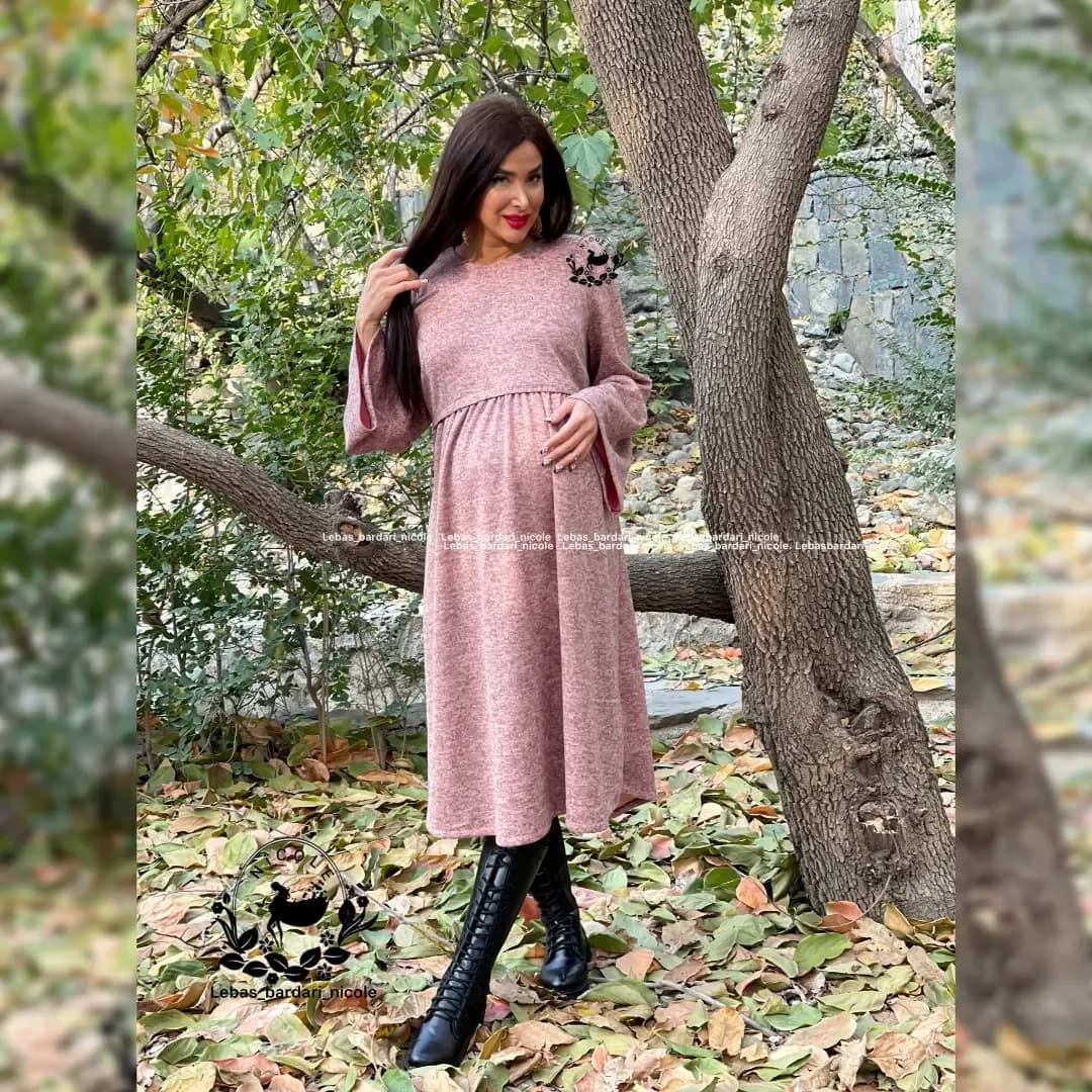 پیراهن بارداری — رنگ صورتی — نمای کامل — آستین کلوش