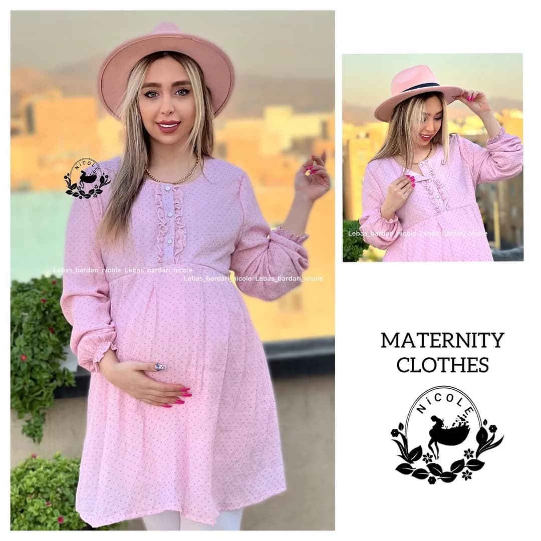 پیراهن بارداری صورتی نیکول، رنگ سفید، جنس نخ و پنبه، کوتاه، یقه گرد، آستین بلند، گشاد
