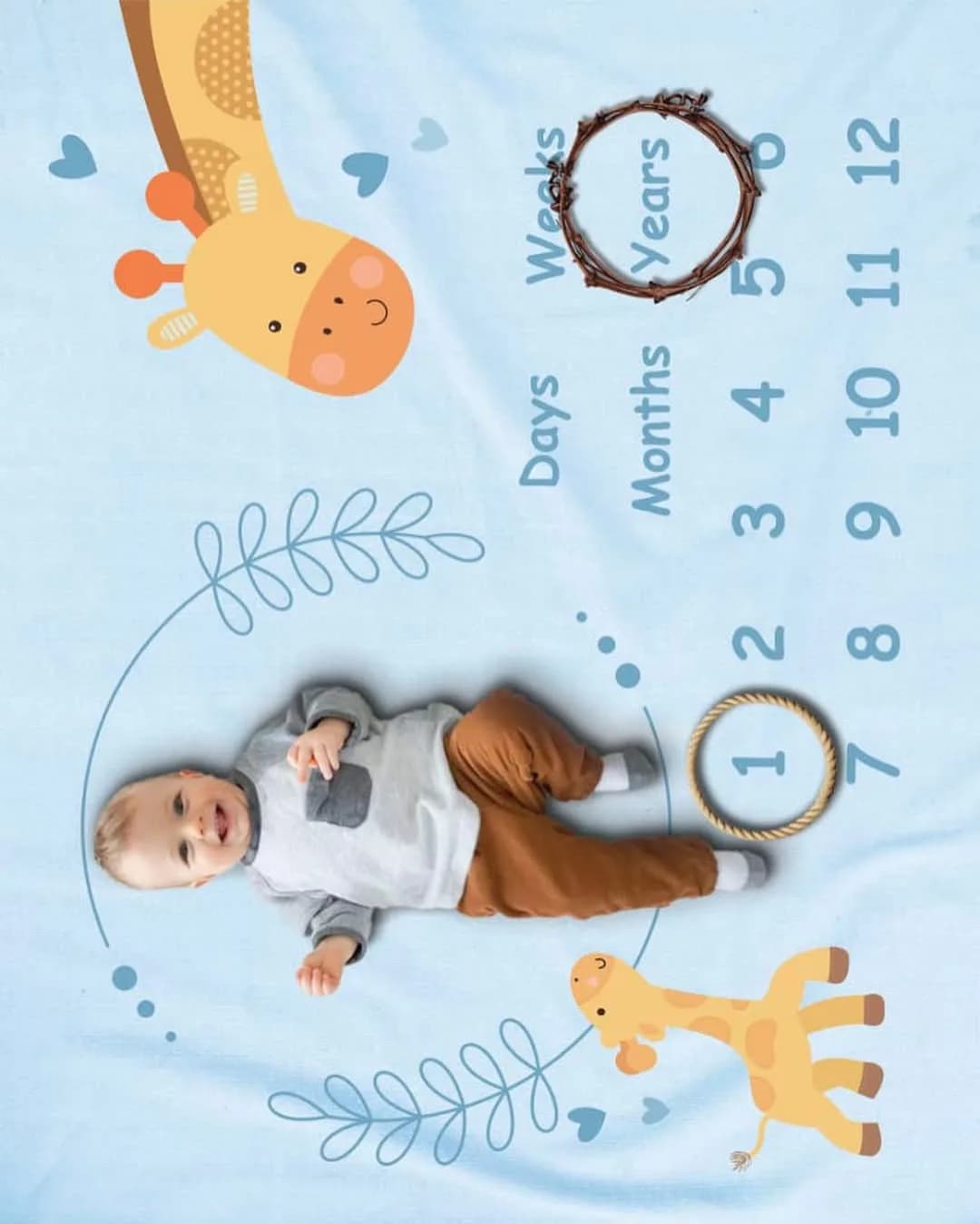 پارچه ماهگرد عکاسی نوزاد — رنگ آبی — نمای کامل — اعداد ۱ تا ۱۲