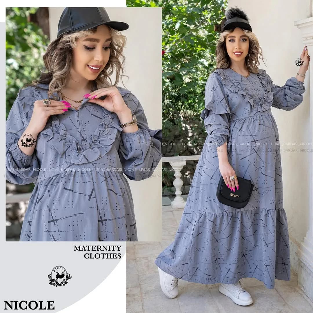پیراهن بلند پاییزه مخمل میکرو بارداری، رنگ خاکستری، طرح هندسی، آستین بلند، چین‌دار