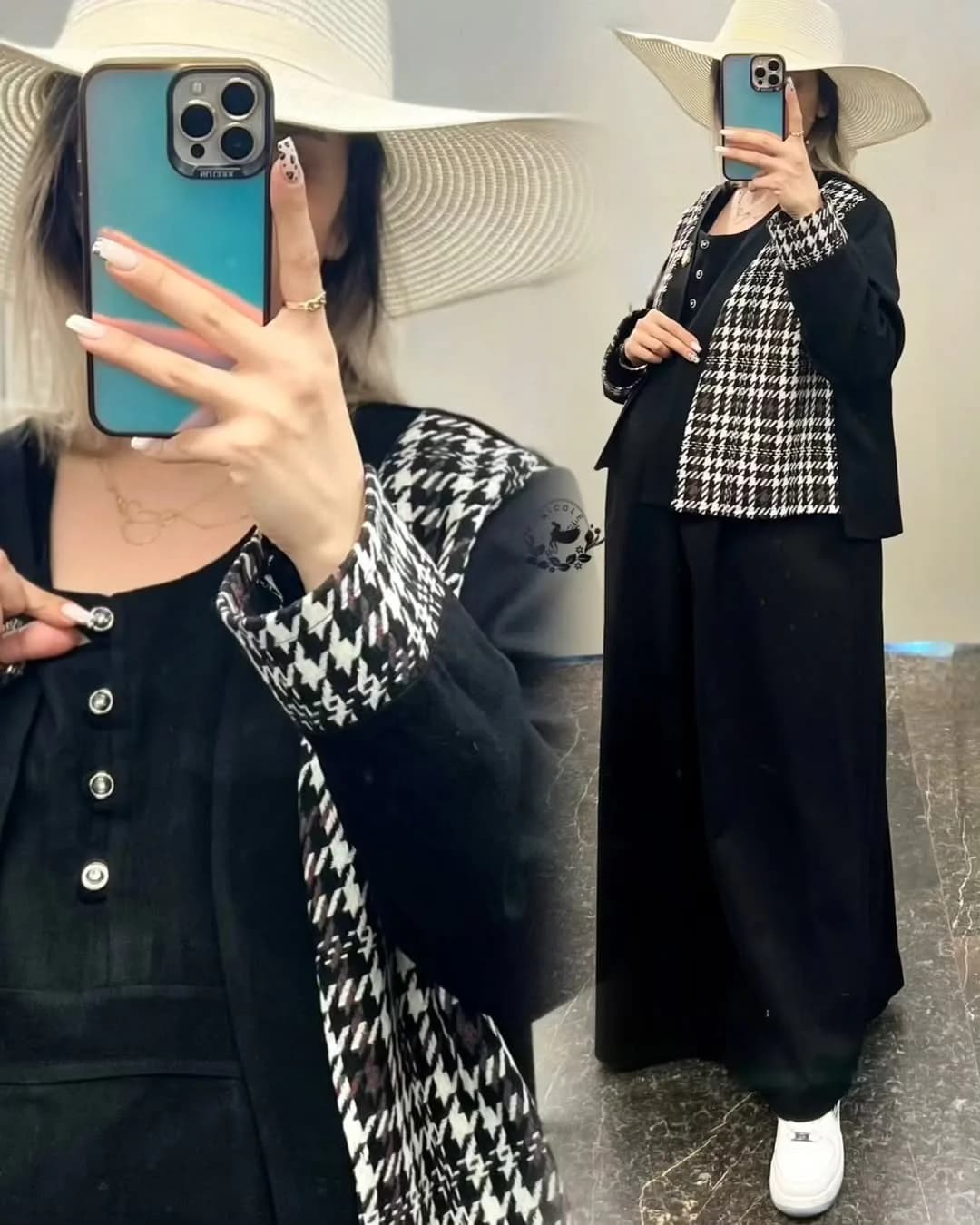 کت سارافون پشمی شیردهی، رنگ مشکی و سفید، طرح چهارخانه، کوتاه، یقه گرد، آستین بلند