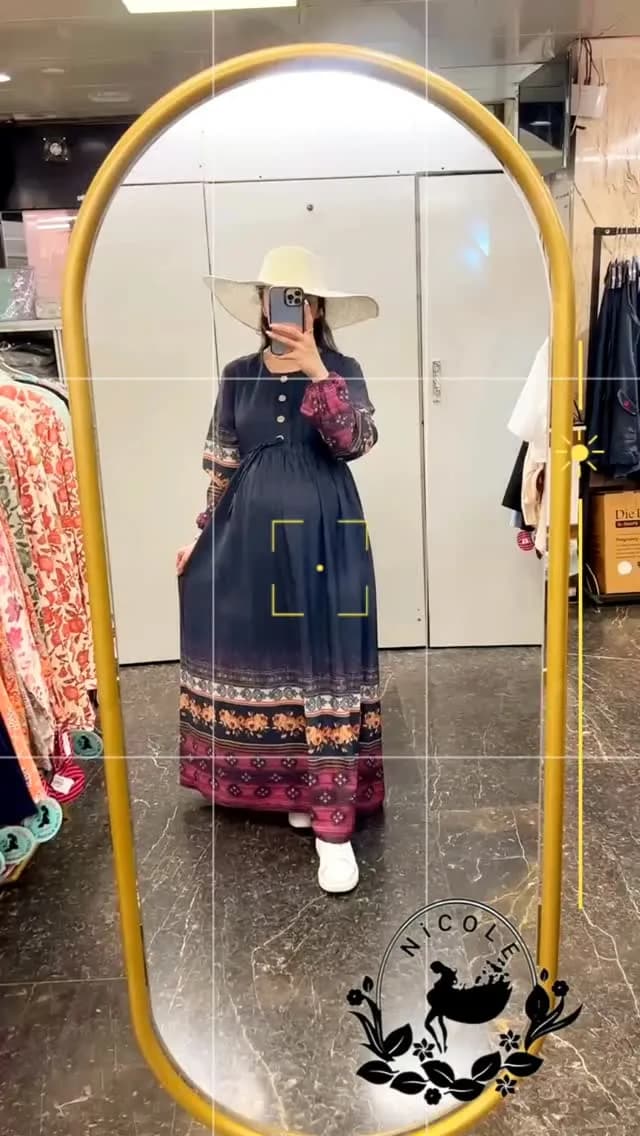 پیراهن بارداری و شیردهی پانل ترک، رنگ سرمه‌ای و نارنجی، طرح طرح‌دار، ماکسی، یقه گرد، آستین بلند