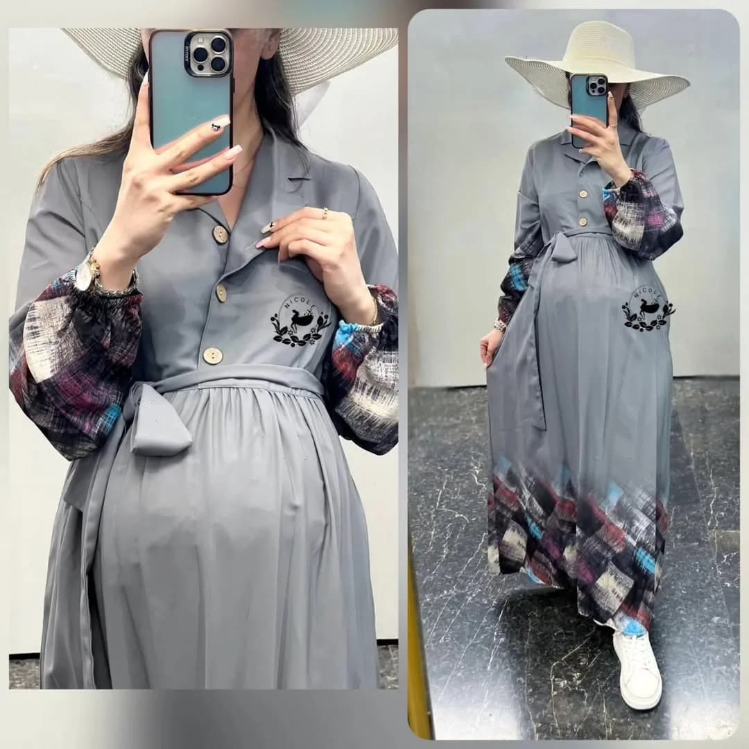 پیراهن بارداری، رنگ خاکستری و چندرنگ، طرح طرح هندسی، قد بلند، یقه مردانه، آستین بلند، جذب