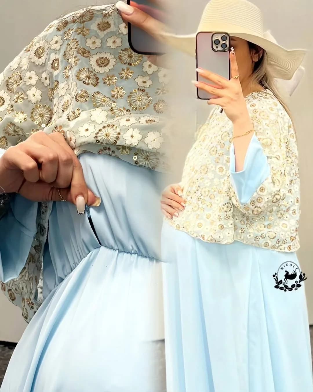 پیراهن مجلسی بارداری حریر — رنگ آبی — نمای جزئیات — بالاتنه کارشده