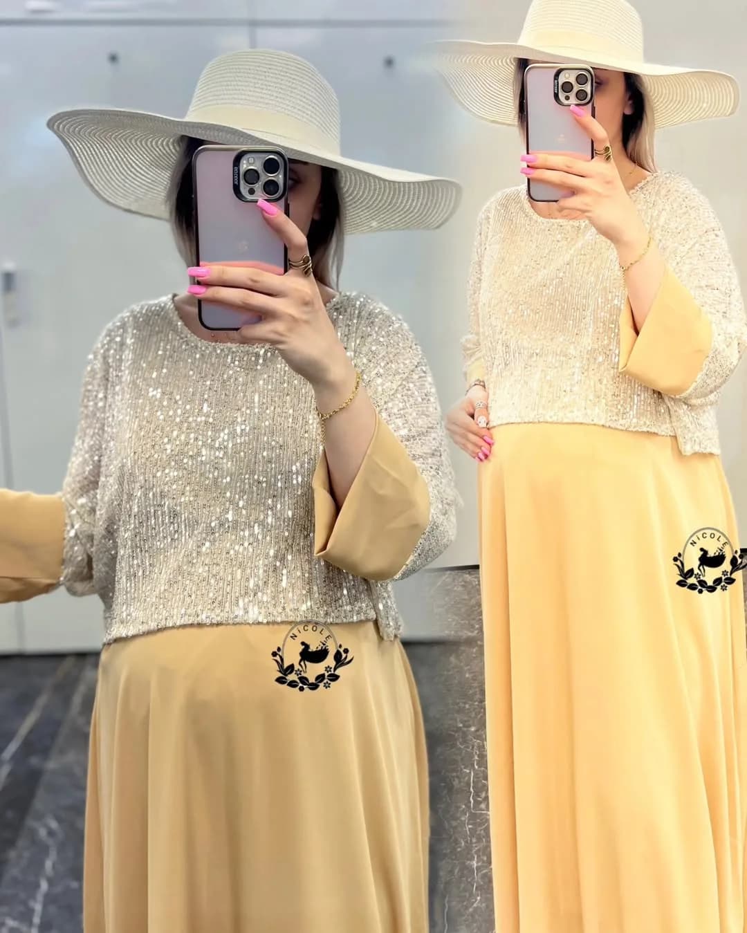 پیراهن مجلسی بارداری و شیردهی — رنگ طلایی — نمای کامل — بالاتنه کارشده