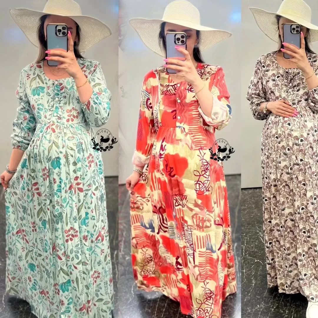 پیراهن بارداری، رنگ سبز روشن، نارنجی و کرم، طرح گلدار، بلند، یقه گرد، آستین بلند