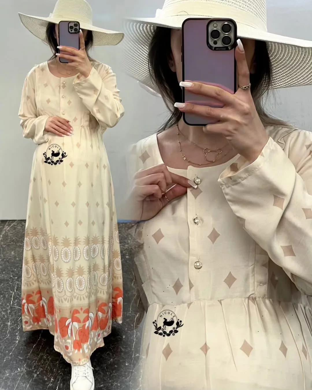 پیراهن بارداری و شیردهی کرپ نخ نیکول، رنگ کرم و نارنجی، طرح هندسی، بلند، یقه گرد، آستین‌بلند، گشاد