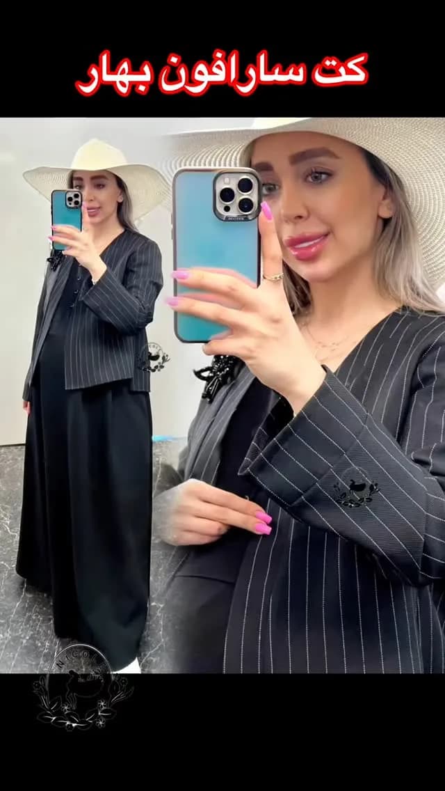 کت سارافون بارداری طرح سوین، رنگ مشکی، جنس نخ و کتان، طرح راه‌راه، بلند، یقه گرد، آستین بلند