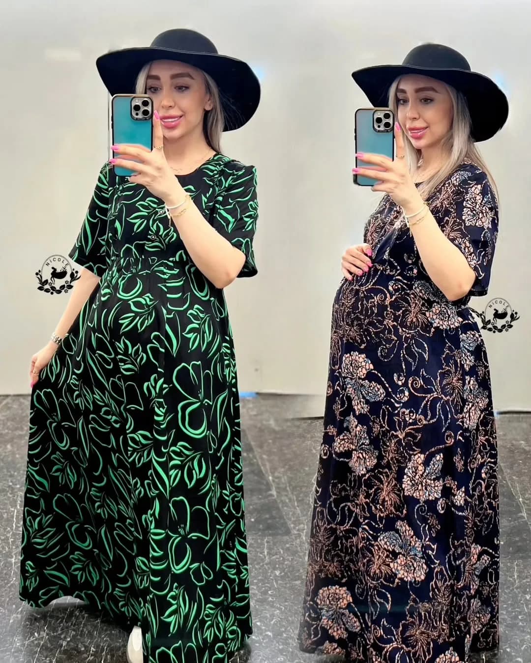 پیراهن بارداری و شیردهی سوپر نخ، رنگ مشکی، سبز و صورتی، طرح گلدار، بلند، یقه گرد، آستین کوتاه، جذب
