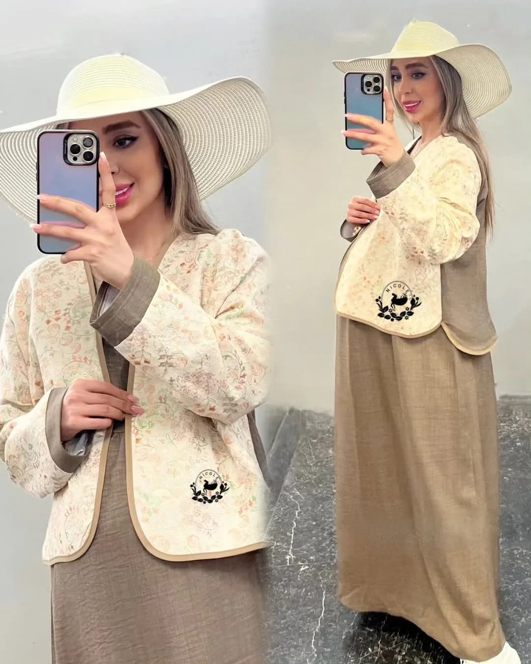 ست کت سوزن دوزی و سارافون بارداری تابستانی — رنگ کرم — نمای رویتن — سوزندوزی