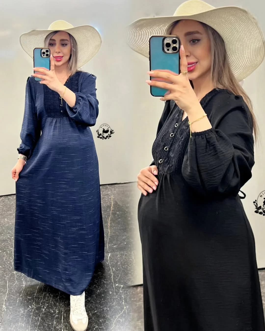 پیراهن مجلسی بارداری و شیردهی، رنگ سرمه‌ای و مشکی، بلند، آستین بلند، گشاد