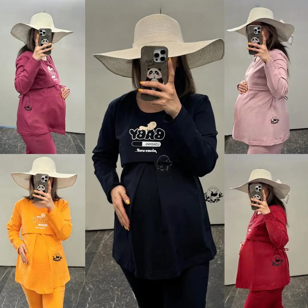 ست تونیک و شلوار راحتی بارداری طرح بی بی، رنگ سرخابی، سرمه ای، صورتی، نارنجی و قرمز، آستین بلند، یقه گرد