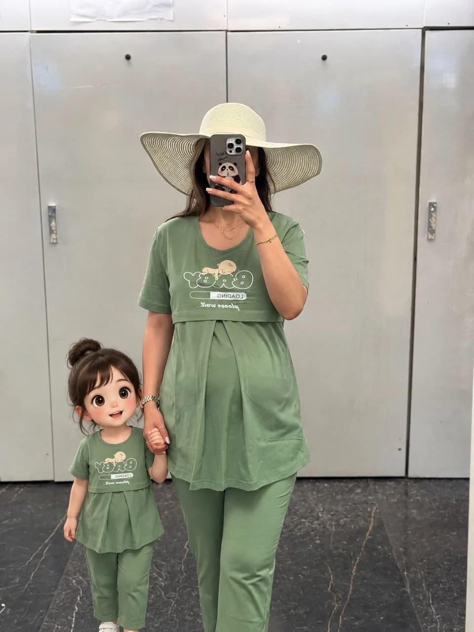ست بارداری شیردهی طرح Baby، رنگ سبز، جنس کتان، تیشرت گشاد، شلوار راسته