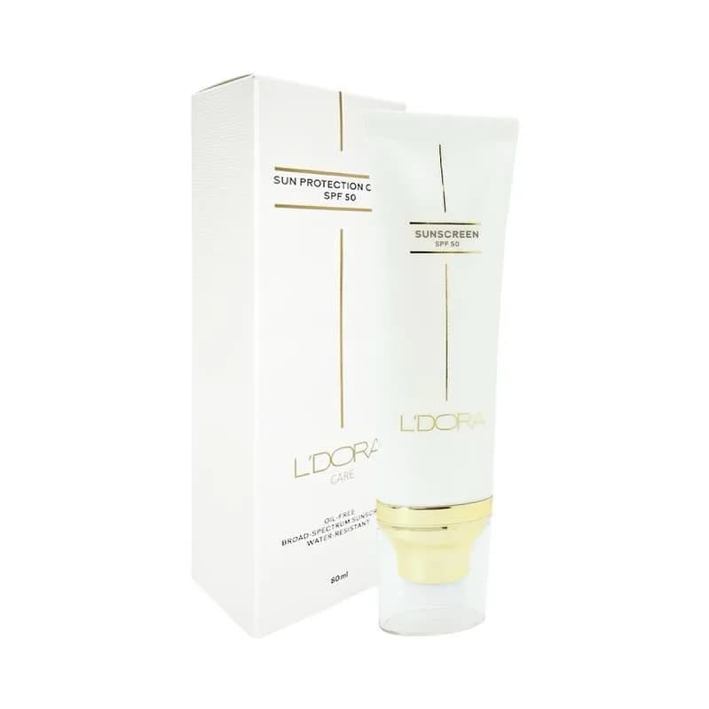 کرم ضد آفتاب SPF 50 لدورا، رنگ سفید و طلایی، جنس پلاستیک و مقوا، تیوب کرم