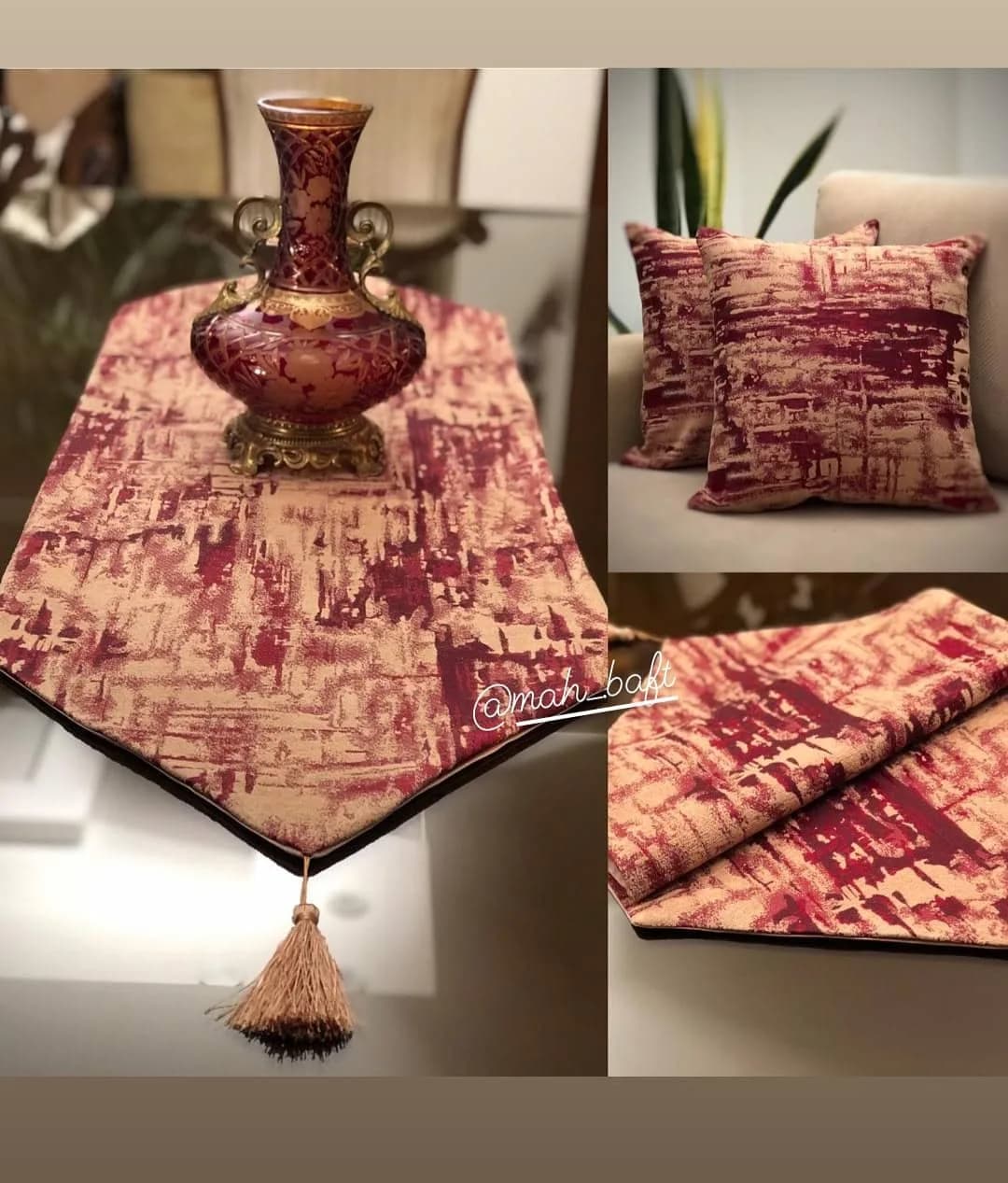 رومیزی مخمل میز یلدا، رنگ قرمز و کرم، مستطیلی منگولهدار