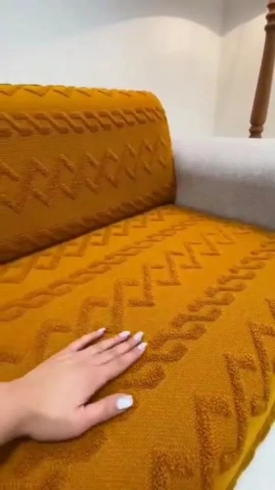 شال مبل ۳ متری، رنگ خردلی، طرح هندسی، مستطیلی بافت برجسته