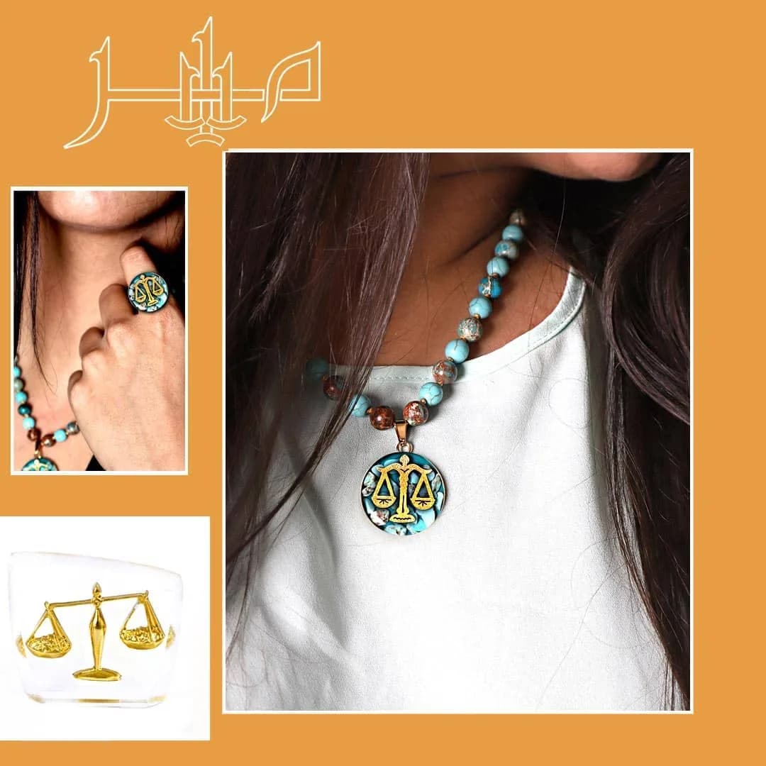 گردنبند، رنگ فیروزهای و طلایی، جنس طلا و سنگ، گردنبند آویزدار