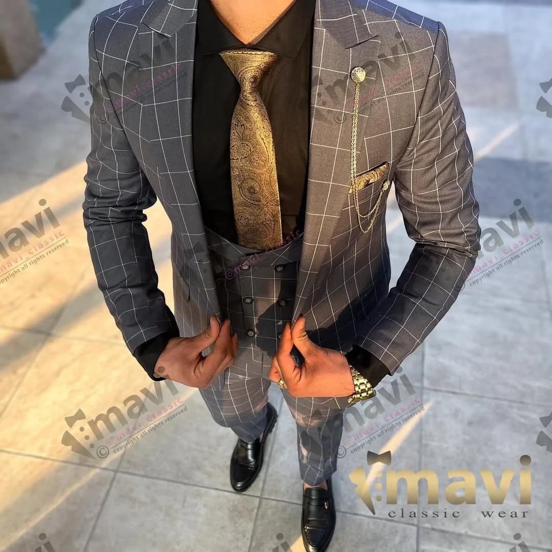 کت و شلوار کژوال چهارخانه، رنگ خاکستری، جذب، آستین بلند