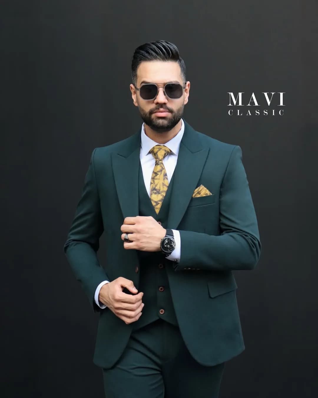 کت و شلوار مردانه، رنگ سبز تیره، سه تکه، جذب