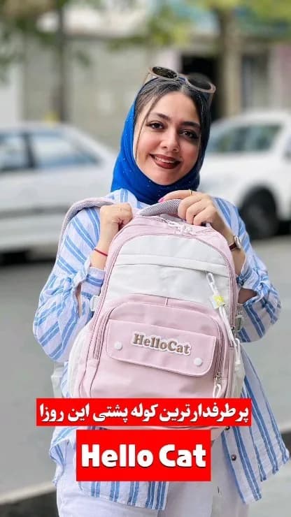کوله‌پشتی مدرسه Hello Cat کد ۶۲۰۵، رنگ صورتی و سفید، کوله پشتی دو زیپ