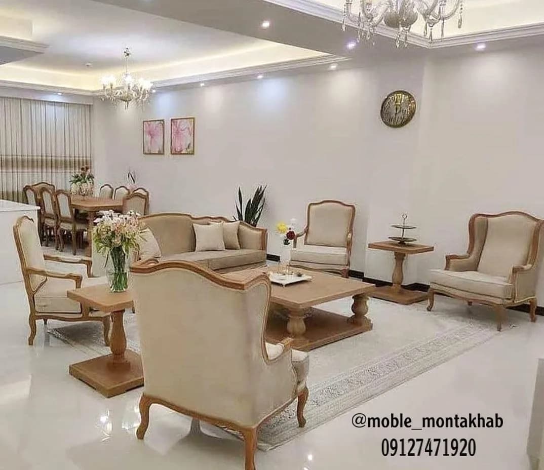 مبل ابزاری مدل فرانسوی، رنگ کرم و قهوه‌ای، جنس پارچه و چوب، ست مبل راحتی