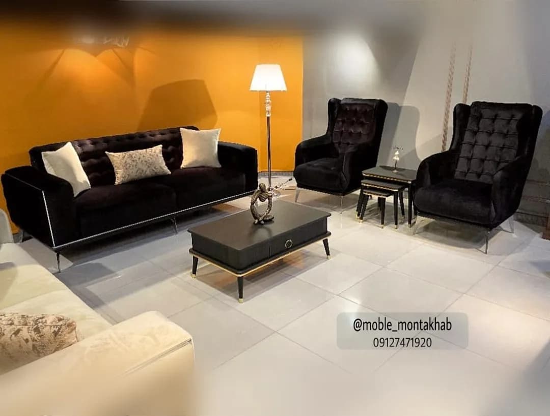 مبل، رنگ مشکی، سفید و کرم، جنس مخمل، کلاسیک، چستر