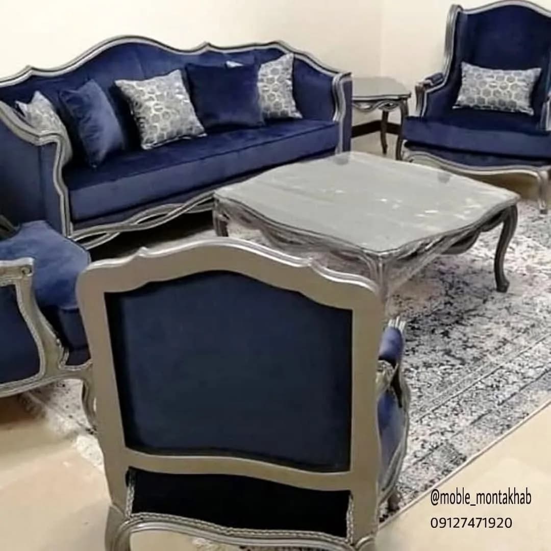 مبل فرانسوی، رنگ آبی و نقره‌ای، جنس پارچه و چوب، ست مبل راحتی
