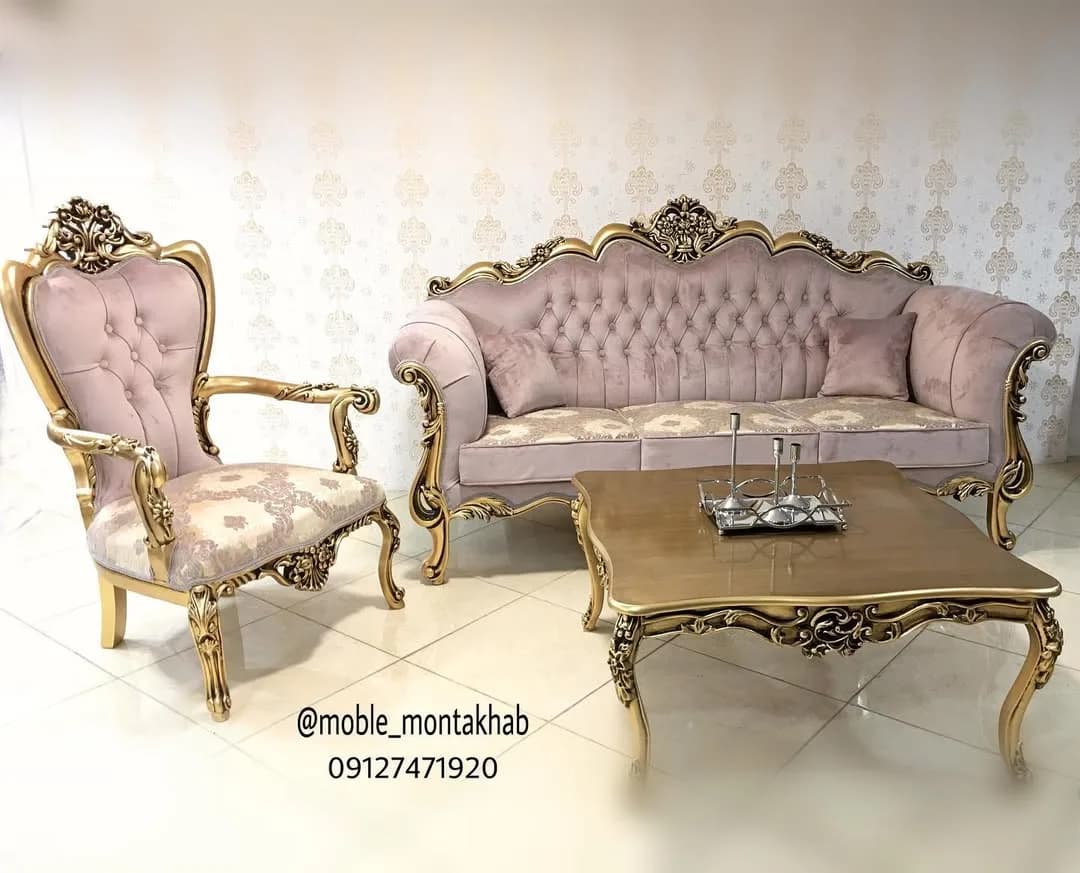 مبل استیل مدل سه‌گل، رنگ صورتی و طلایی، جنس مخمل و چوب، کلاسیک سلطنتی، منبت کاری