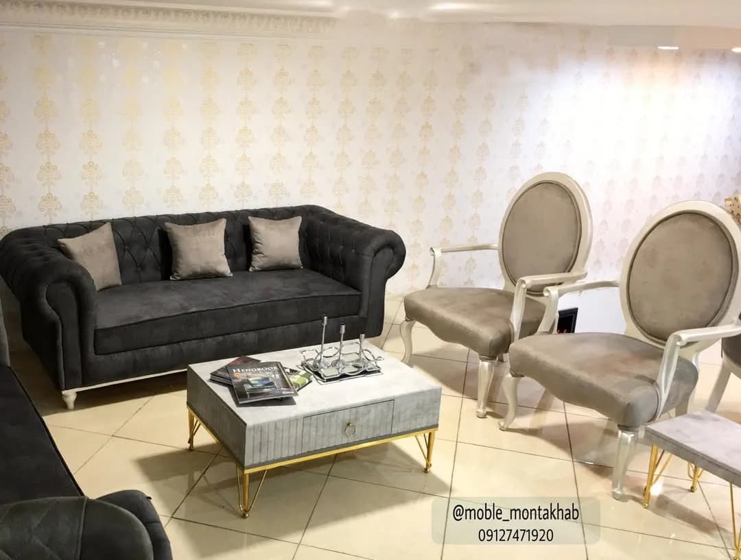 ست مبلمان، رنگ خاکستری و سفید، جنس پارچه و چوب، کلاسیک، مبل و صندلی
