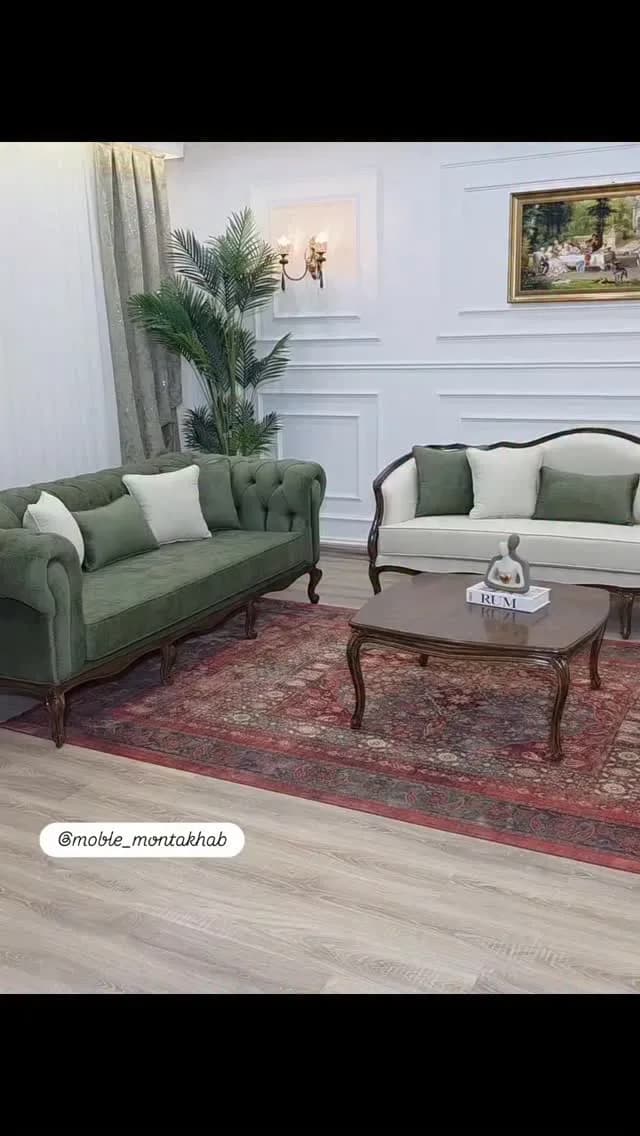 مبل فرانسوی، رنگ سبز، کرم و قهوه‌ای، جنس پارچه و چوب، ست مبل راحتی