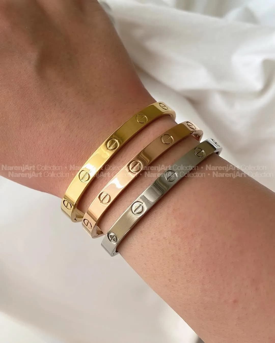 دستبند بنگل استیل، رنگ طلایی، رزگلد و نقرهای، جنس فلز، دستبند النگویی پیچی